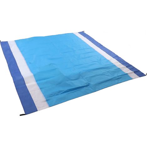Tapis de pique-nique portable, imperméable, pliable et tendance, surdimensionné, anti-sable, idéal pour la plage, les voyages et le camping. Rayures bleues et blanches, bleu moyen. (1/5)