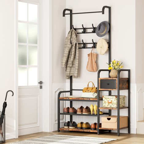 Porte-Manteau avec Étagère à Chaussures - Meuble d’Entrée - Style Industriel - Marron et Noir - 88x30x175CM (1/5)