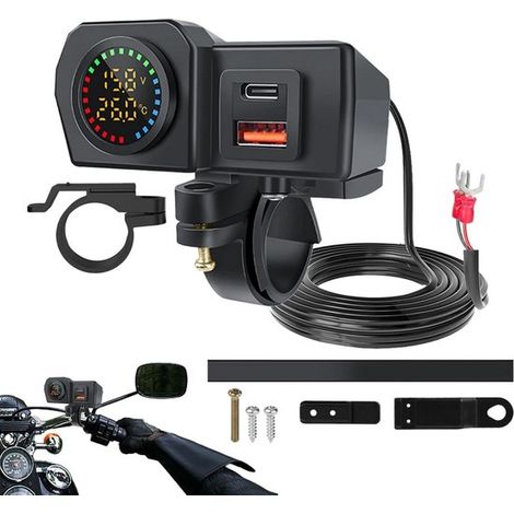 Caricabatterie USB per moto - Caricabatterie a doppia porta - Ricarica rapida dei dispositivi - Con voltmetro - 48W - Nero (1/5)