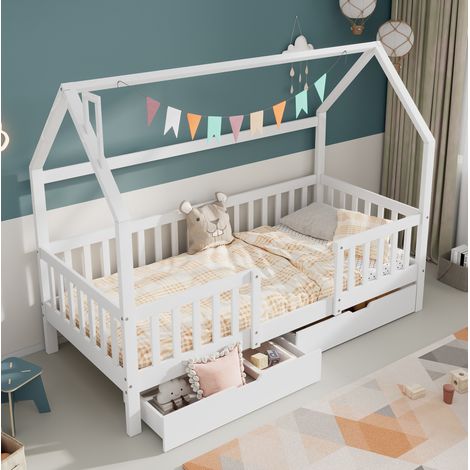 Letto a casetta bambini 90x200 cm in pino con rete a doghe e 2 cassetti, bianco, senza materasso (1/5)