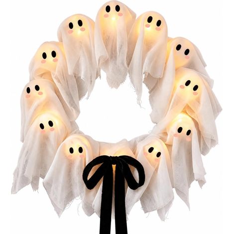 Beleuchteter Geister-Halloween-Kranz, puderrosa Schleife – mit Beleuchtung, 30 x 30 cm (1/5)