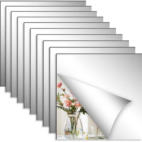 Lot de 10 miroirs autocollants carrés 20x20 cm, acrylique flexible pour salle de bain, salon, chambre, salle de sport, couloir. (1/5)