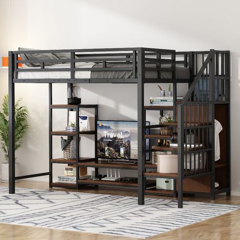 Hochbett 90x200 mit TV-Ständer, Steckdose und Aufbewahrungsleiter, platzsparendes Loftbett aus Metall und MDF, 120kg belastbar, Schwarz (1/5)