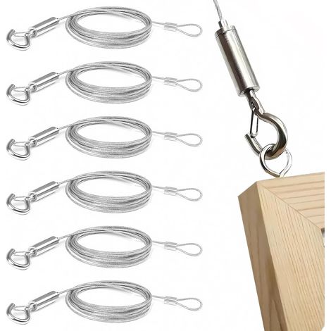 6 Pièces Câble en Acier Inoxydable, Fil de Suspension d'image Réglable 2m x 1.5mm Cable Rideau Fil Accroche Tableau pour miroirs, lampes, panneaux d'affichage et plus, Supporte jusqu'à 30kg (1/5)