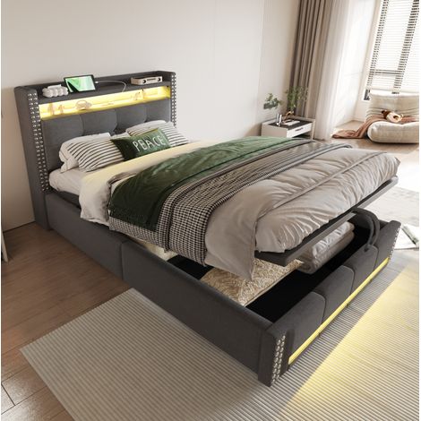 MEUBLIV Polsterbett 90x200 cm Grau – mit LED, USB und Stauraum, ohne Matratze (1/5)