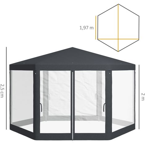 Gazebo de 4x4 m Gazebo de jardin avec moustiquaire,6 coins,tente de fête en polyester et métal,gris foncé pour les fêtes de jardin