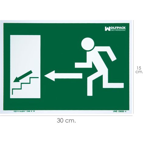 Enseigne Fluorescente Sortie Gauche Escaliers Bas 21x30 cm. (1/2)