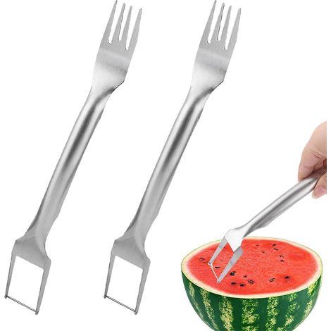 trancheur De Fourche De Melon D'eau 2 En 1(argent), Trancheur De Fourche De Melon D'eau 2 Pices, Trancheur De Fourche De Fruits Portable Pour Les (1/5)