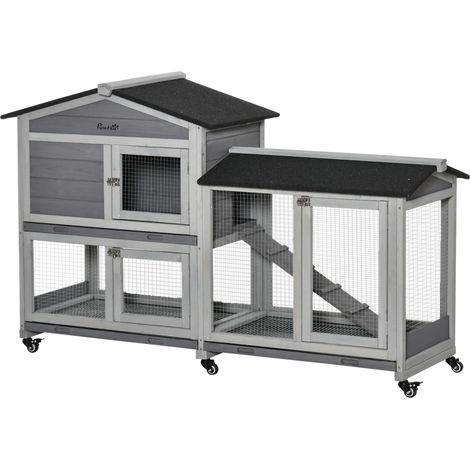 PawHut Clapier bois pour lapins petit enclos animaux villa pour lapin sur roulettes 2 étages 3 plateaux coulissants 157,4 x 53 x 99,5 cm gris