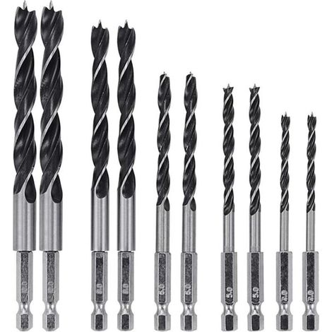 Brocas para madera HSS con vástago hexagonal de 6,35 mm – Paquete de 2 juegos de 5 piezas (4/5/6/8/10 mm)