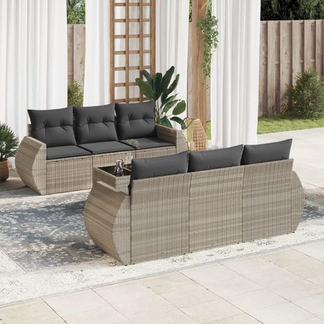 Salon de Jardin Modulable en Résine Tressée Gris Clair avec Coussins 7 Pièces - Table et Sièges de Rangement (1/3)