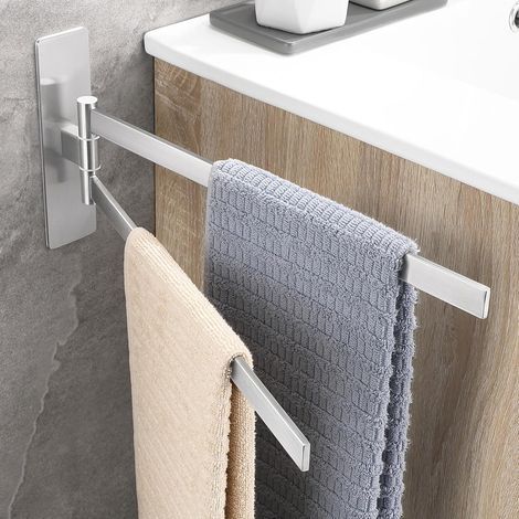 - Portasciugamani - Acciaio inox 304 - Girevole a 180° - Doppia barra autoadesiva, non richiede foratura - Bagno Cucina - Argento (1/5)