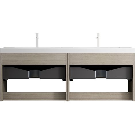 Mobile bagno sospeso 140 cm con doppio lavabo in resina bianca, finitura rovere chiaro (1/5)