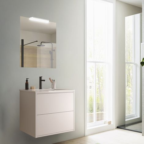 Hängender Badezimmerschrank 60 cm aus satinweißem Holz mit Porzellanwaschbecken – Olympus - 60 cm Mit Doppelsäule Lampe - Misura: 60 cm - Accessorio: Standard