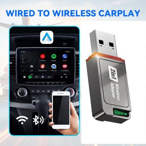 Adaptateur CarPlay Sans Fil 2-en-1 : Convertit CarPlay Filaire en CarPlay Sans Fil. Compatible avec CarPlay et Android Auto. Plug (1/5)