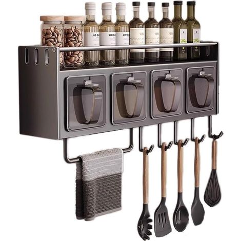 Stainless steel wall-mounted spice rack with hooks – Over-the-stove hanging shelf, kitchen utensil organizer for spoons and seasoning jars (1/4)
