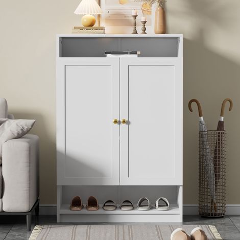 Meuble à chaussures 73x34x109 cm, avec 2 portes, étagères réglables, poignées dorées, idéal pour l'entrée et le couloir - Blanc (1/5)