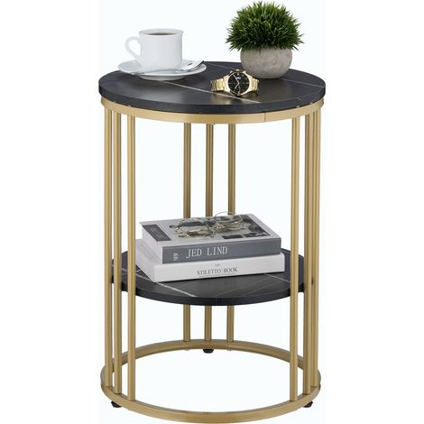 Relaxdays Side Table, Marble Effect, 2 Tiers, HxD: 56 x 40 cm, Living Room, Coffee Rest for Sofa, Decor, Black/Gold (1/5)