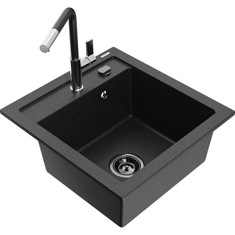 Mexen Vito 1-Becken-Granit-Spüle mit Mischbatterie Flora, Schwarz/Silbermetallic - 6503-73-670401-07