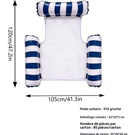 Hamac gonflable rayé pour piscine, fauteuil flottant aquatique à 3 boudins, matelas gonflable portable pour adultes et enfants - bleu foncé (…) Hamac gonflable rayé pour piscine (sans pompe) (1 pièce)