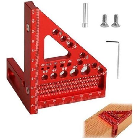 Équerre 3D - Angle réglable de 22,5° à 90° - outil de menuiserie de haute précision en alliage d’aluminium - 3 en 1 : traçage/perçage/mesure - adapté aux menuisiers et aux ingénieurs (Rouge) (1/4)