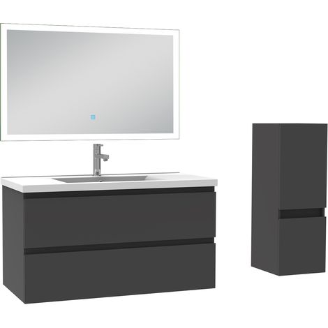 Ensemble meuble de salle de bain 100cm, vasque céramique + colonne bas + miroir lumineux, anthracite (1/5)