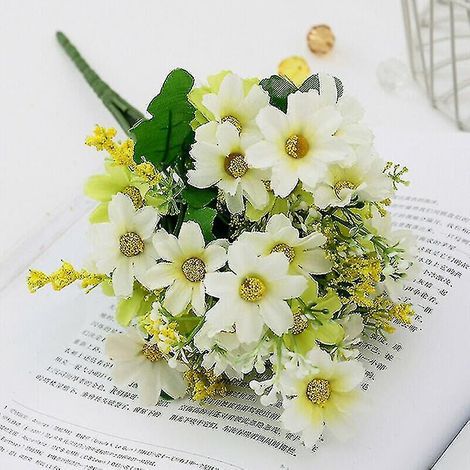 (Blanc Vert - 2 pièces) Bouquet de 28 marguerites artificielles en soie (28 têtes)-AquaForge