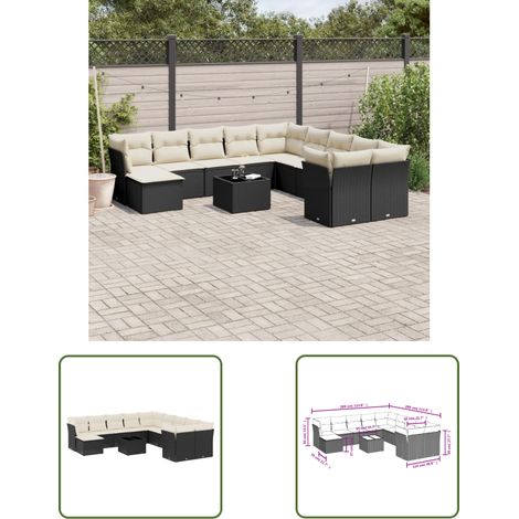 The Living Store Salon de jardin 12 pcs avec coussins noir résine tressée - Ensemble Salon De Jardin - Salon De Jardin Moderne - Meuble De Jardin - Mobilier De Jardin - Résine Tressée (1/3)