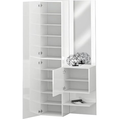 Mobile da Ingresso con Scarpiera con Specchio Bianco Lucido 2 Pezzi