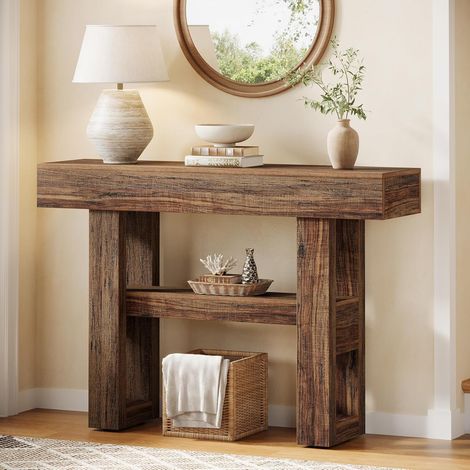 Tribesigns – Table console étroite 2 niveaux – Meuble d'entrée marron rustique 105 cm – Compartiments de rangement pour couloir, foyer, salon (1/5)