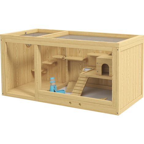 Cage en bois pour hamster et gerbille 100 cm, habitat rongeurs avec plateformes, maisonnette, toit ouvrant et bac amovible (1/5)