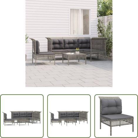 vidaXL Rattan - 6-tlg. Garten-Lounge-Set mit Kissen Grau Poly Rattan (1/5)