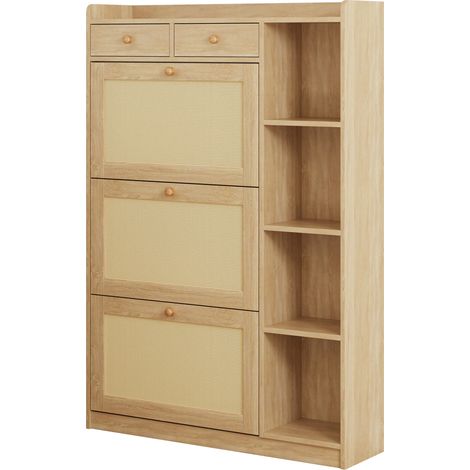 Schmaler Schuhschrank mit 3 Klappfächern, 2 Schubladen und Seitenregal 90x24x130 cm (1/5)