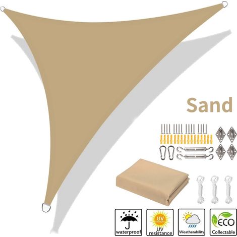 (Jaune sable, accessoires d'installation inclus, 360x360x360CM) Voile d'ombrage triangulaire, imperméable et résistante aux UV, adaptée aux terrasses de jardin extérieures. (1/5)