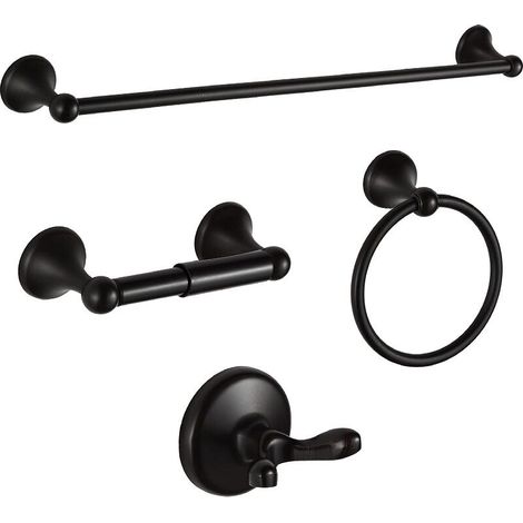 Accessoires de salle de bain 4 pièces (barre porte-serviettes, anneau, crochet, porte-papier toilette), noir 40 cm
