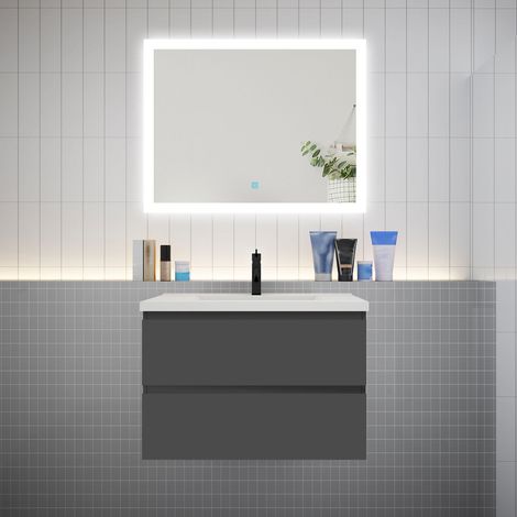 AICA Ensemble meuble vasque L.79cm anthracite 2 tiroirs + led miroir + lavabo (1/5)