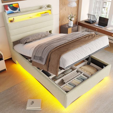 Cama canapé 90x200 cm, cama infantil con LED, hidráulico, puertos USB/Tipo C, cabecero abatible con espacio de almacenamiento, lino beige (1/5)
