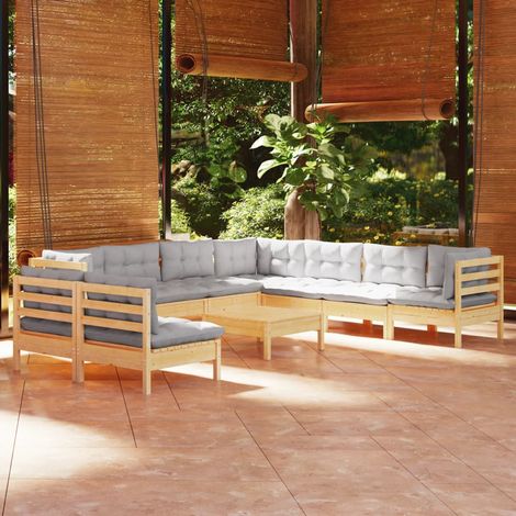 10 pcs Salon de jardin avec coussins Salon d'extérieur Ensemble Meuble de Jardin Mobilier d'Extérieur gris Bois de pin solide XFNRX207806 (1/5)