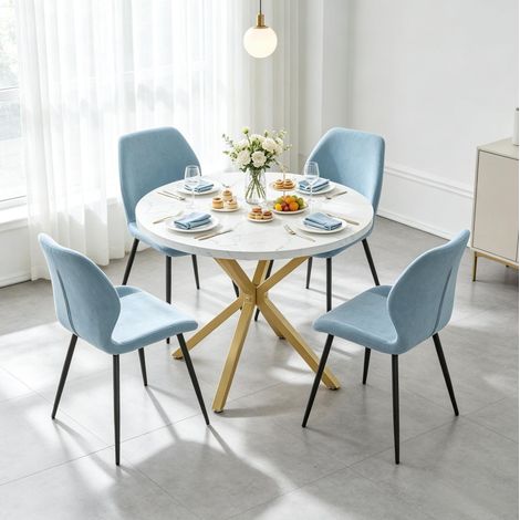 Tavolo da pranzo rotondo Ø 100 cm effetto marmo con struttura in acciaio dorato (1/5)