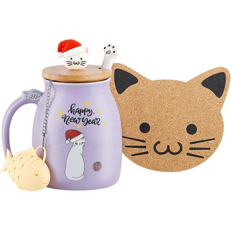 Tasse Céramique Chat - 1 Pièce - Avec Couvercle Et Cuillère - Micro-ondes Et Lave-vaisselle - Cadeau Noël Femme - 380ml
