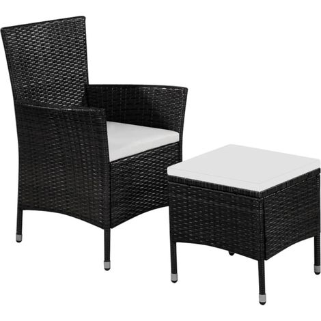 Gartenstuhl und Hocker mit Polstern Poly Rattan Schwarz