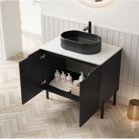 Mobile lavabo freestanding 76 cm in MDF nero con lavabo in ceramica e piano in pietra sinterizzata bianco/nero (1/5)