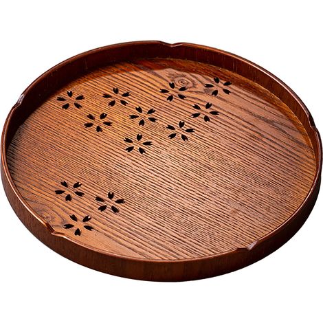 Plateau à thé rond en bois à motif de fleurs de cerisier, idéal pour la préparation du thé vert à la maison ou au salon de thé. (1/5)