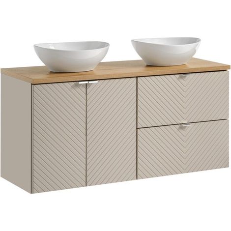 Set AOKI: Waschtischunterschrank 120cm + Eichenholzplatte + zwei runde weiße Aufsatzwaschbecken