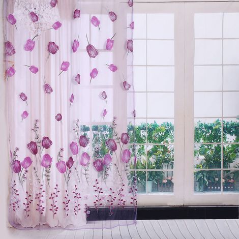 Voile imprimé tulipe 100x200 cm pour décoration fenêtre et balcon, rideau transparent violet (1/5)