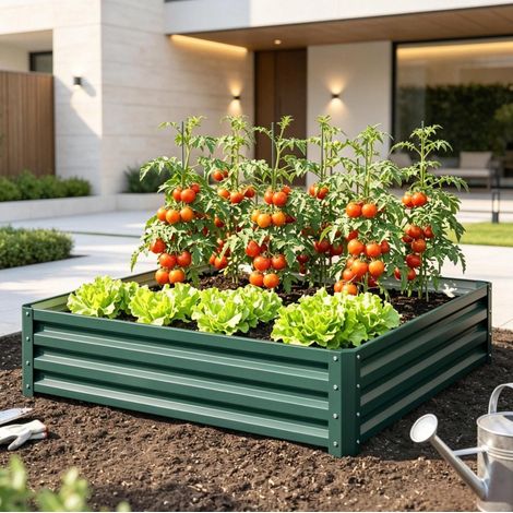 Bancal elevado 120x120x30 cm de acero galvanizado verde oscuro para jardín - MEUBLIV (1/5)