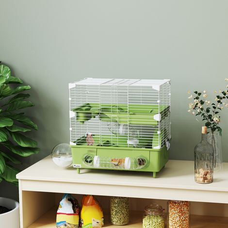 Zweistöckiger Hamsterkäfig mit drei Türen, Laufrad, Katzentoilette und Spielröhren, aus Stahl, PS und PP, 44,5 x 28 x 44 cm, grün-weiß