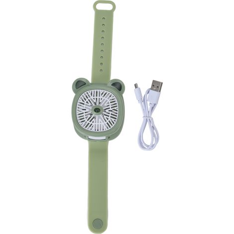 Montre-ventilateur à motif dessin animé, rechargeable par USB, en plastique, mini-ventilateur sans fil avec bracelet détachable, idéal pour les enfants et les activités de plein air. Ours vert. (1/3)