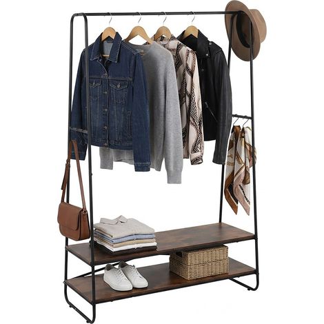 Relaxdays Kleiderständer, 2 Ablagen, 6 Haken, Kleiderstange, HxBxT 160 x 100 x 45 cm, Garderobenständer, braun-schwarz