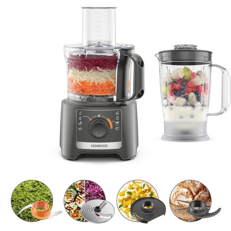 Robot Culinaire, Fonction Pétrissage et Disque Trancheur, Blender 1.2L, 2 Vitesses + Pulse, Bol 2.1L, 800W, Gris (1/5)